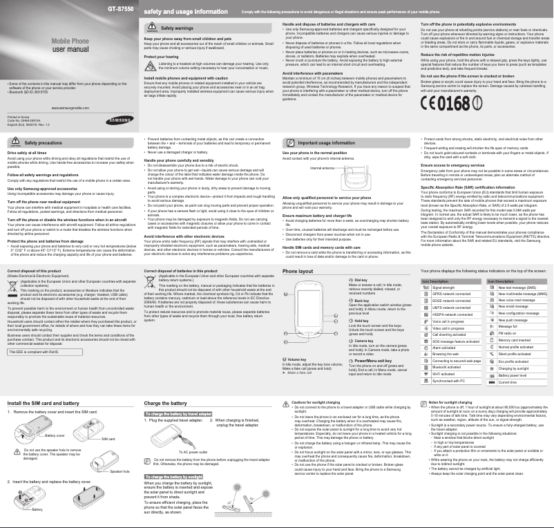 Page 1 de la notice Manuel utilisateur Samsung S7550