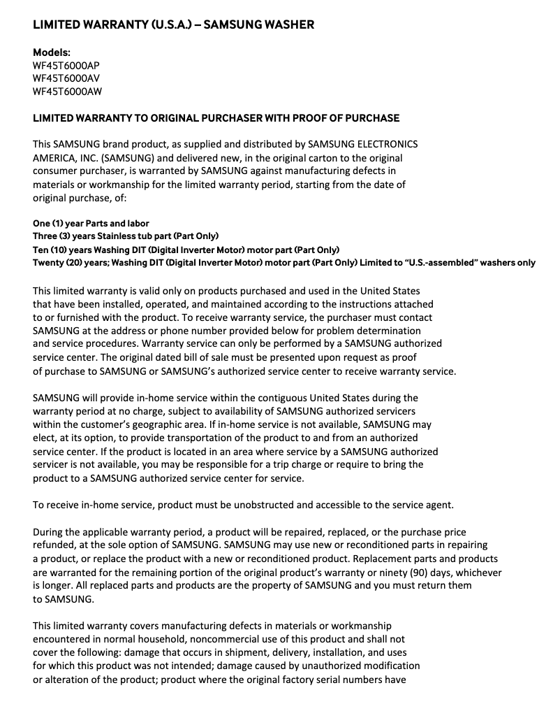 Page 1 de la notice Informations de garantie Samsung WF45T6000AP