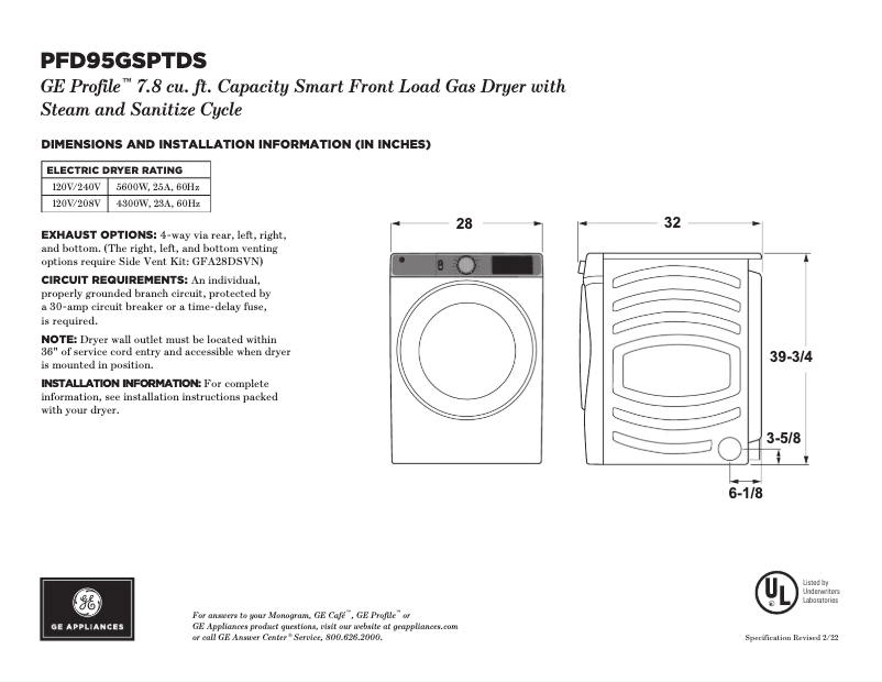 Page n°1 - Fiche technique GE Profile PFD95GSPTDS