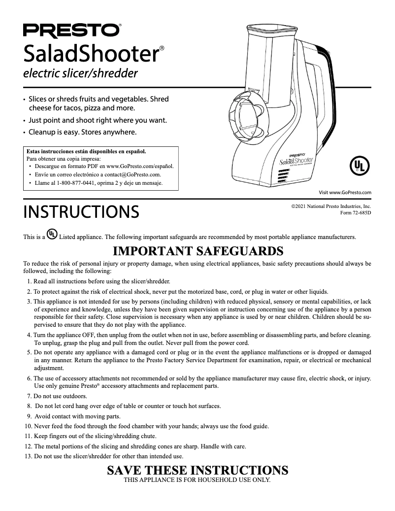 Image de la première page du manuel de l'appareil SaladShooter 02910