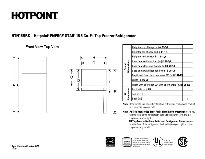 Page 1 de la notice Fiche technique Hotpoint HTN16BBSWW