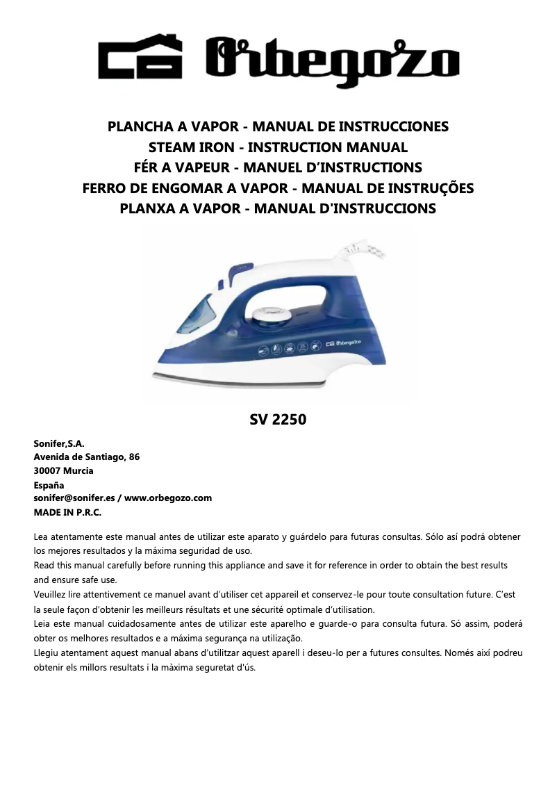 Page n°1 - Manuel utilisateur Orbegozo SV 2250