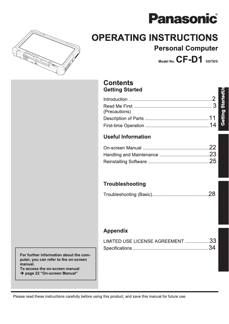 Page 1 de la notice Manuel utilisateur Panasonic Toughbook D1
