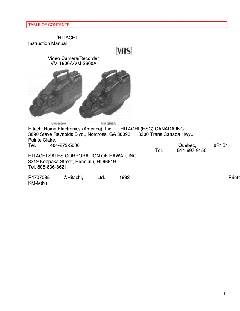 Page 1 de la notice Manuel utilisateur Hitachi VM-1600A