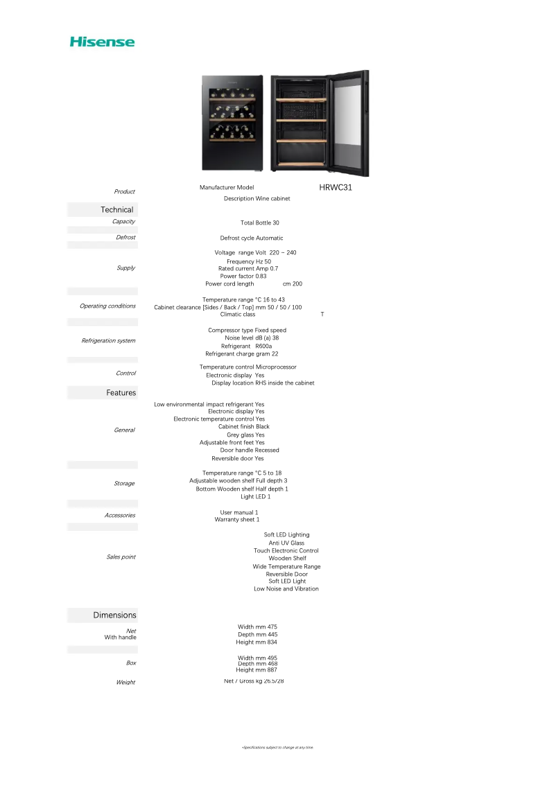 Page 1 de la notice Fiche technique Hisense HRWC31