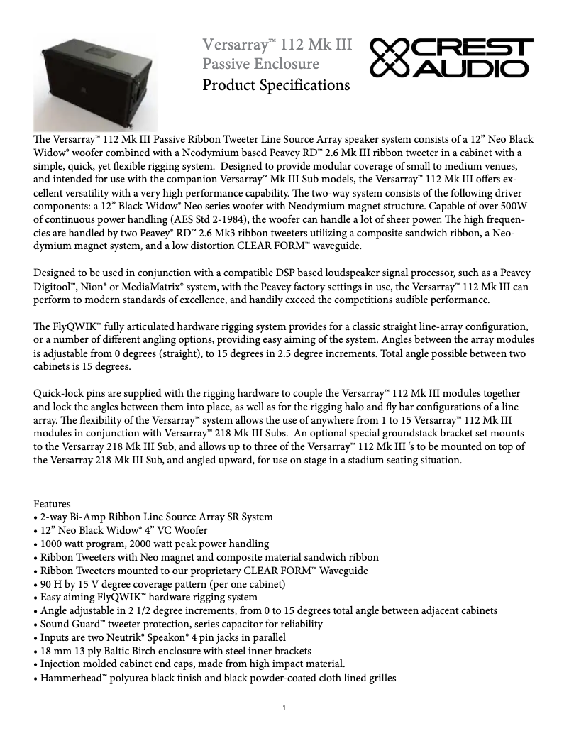 Page 1 de la notice Fiche technique Crest Audio Versarray 112 MKIII