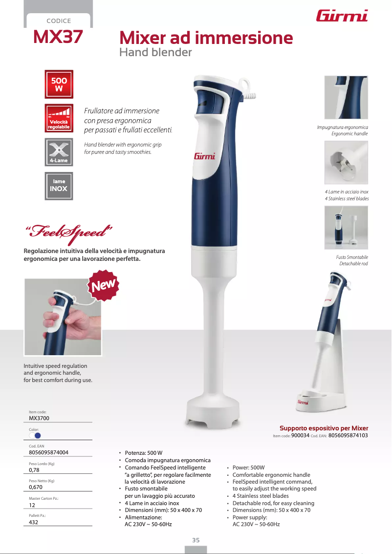 Page 1 de la notice Fiche technique Girmi MX37