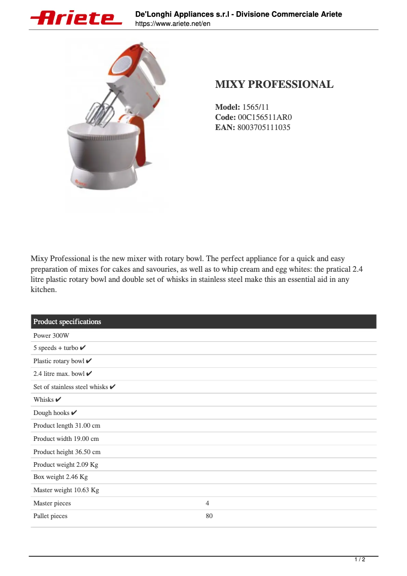 Page 1 de la notice Fiche technique Ariete Mixy Professional 1565