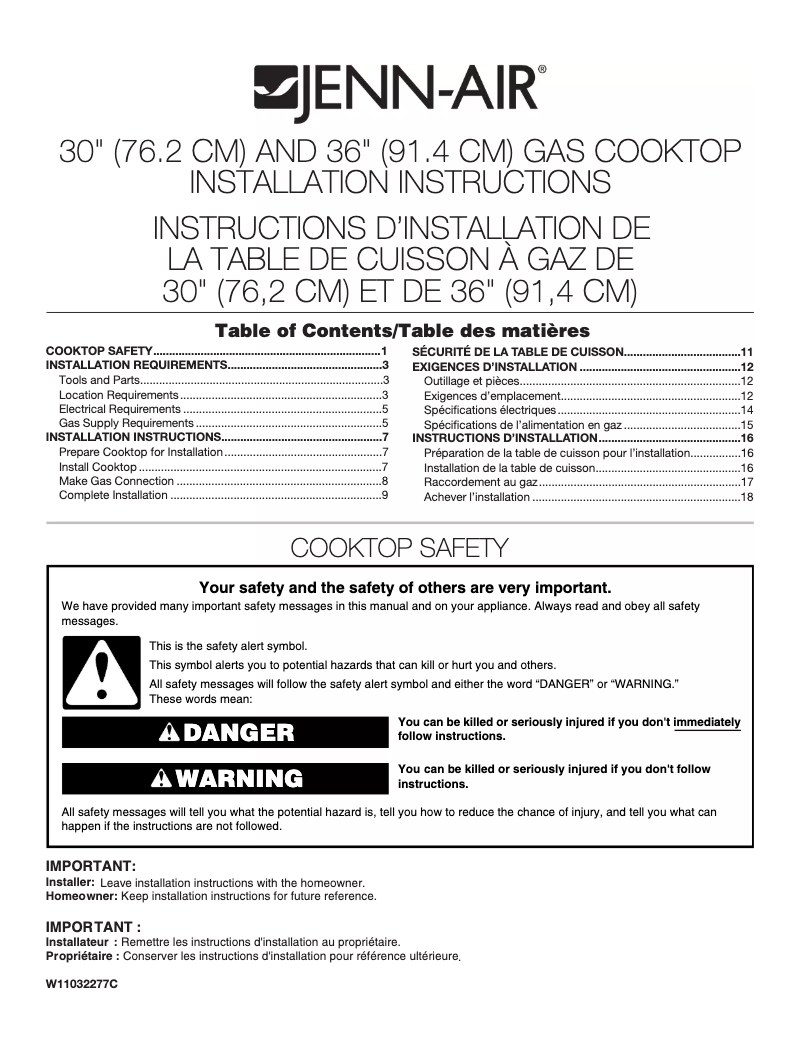 Page 1 de la notice Guide d'installation JennAir JGC3530GS