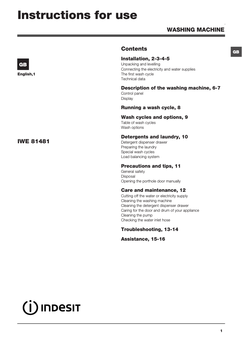 Page 1 de la notice Manuel utilisateur Indesit IWE 81481