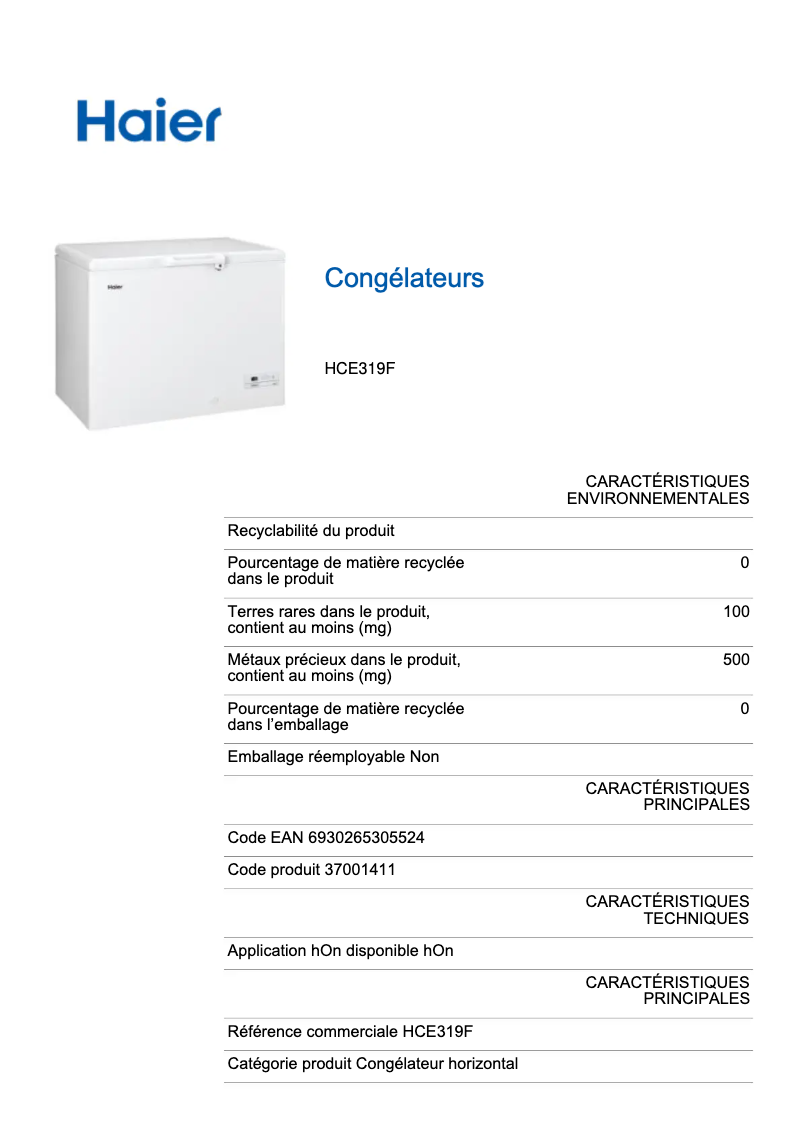 Page n°1 - Label énergétique Haier HCE319F