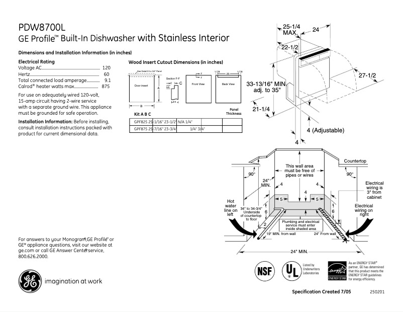 Página 1 del manual Ficha técnica GE Profile PDW8700LBB