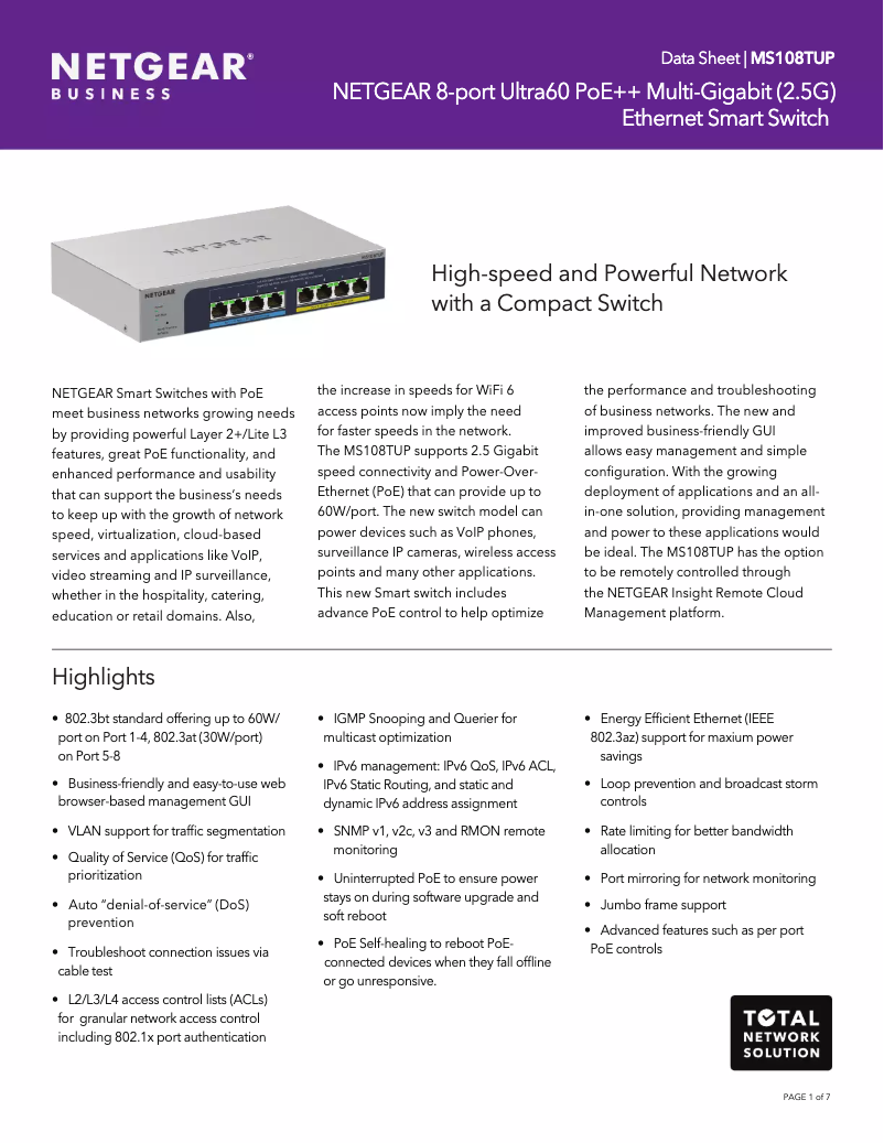 Page n°1 - Fiche technique Netgear MS108TUP