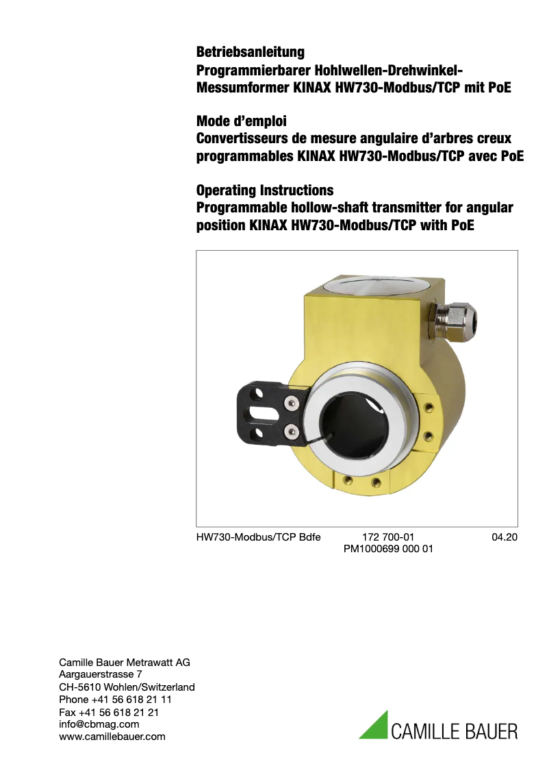 Image de la première page du manuel de l'appareil KINAX HW730-Modbus/TCP