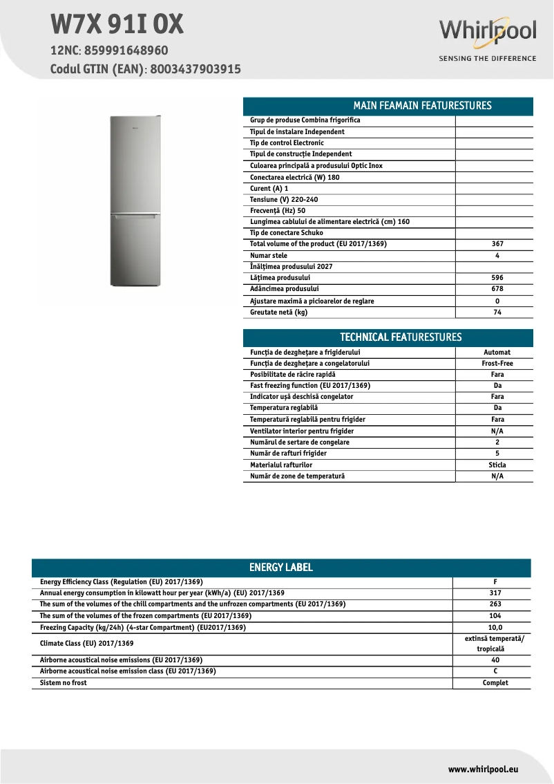 Page 1 de la notice Fiche technique Whirlpool W7X 91I OX