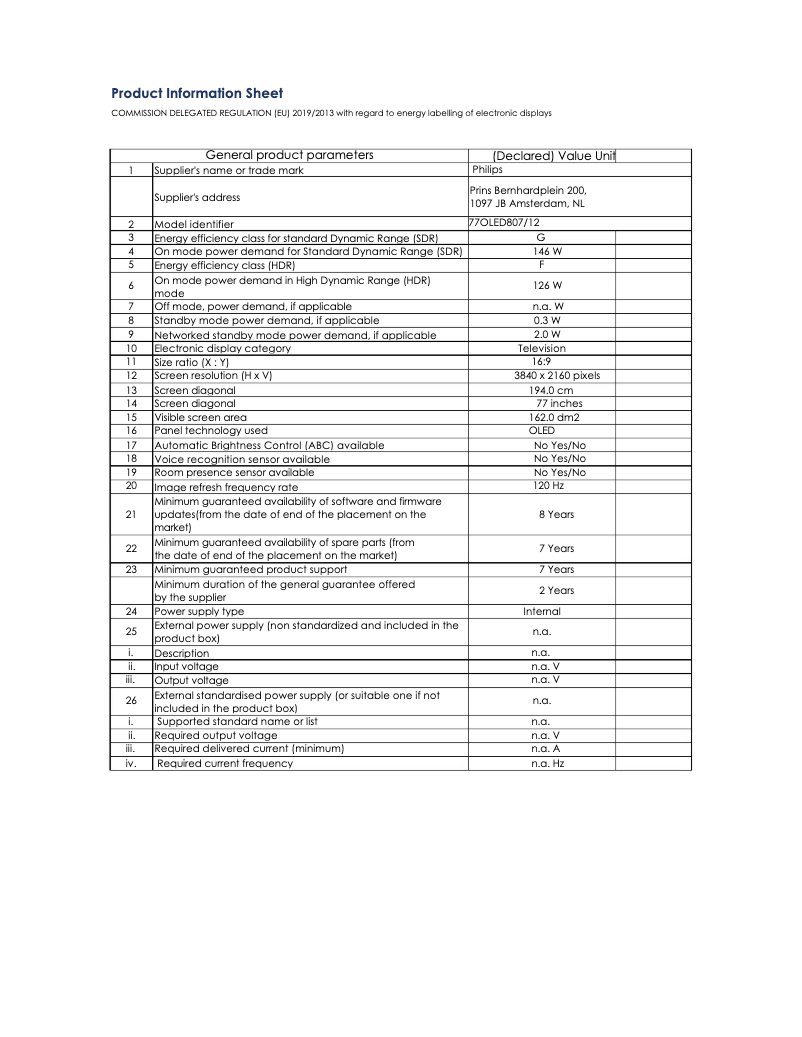 Page 1 de la notice Fiche technique Philips 77OLED807