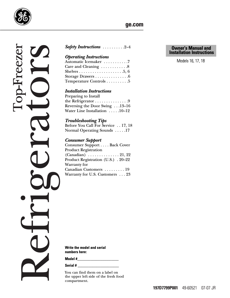Page 1 de la notice Manuel d'utilisation et d'entretien GE GTR18ABRWW
