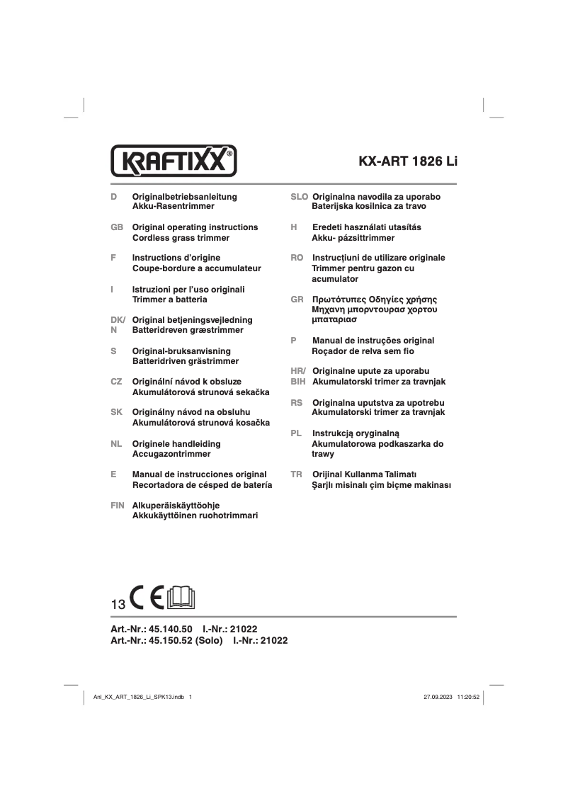 Image de la première page du manuel de l'appareil KX-ART 1826 Li