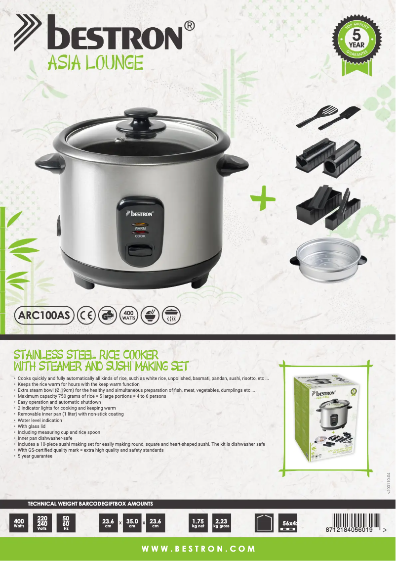 Página 1 del manual Ficha técnica Bestron ARC100AS