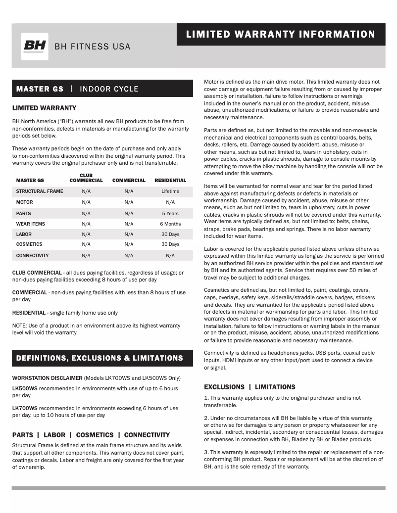 Página 1 del manual Información de garantía Bladez Master GS