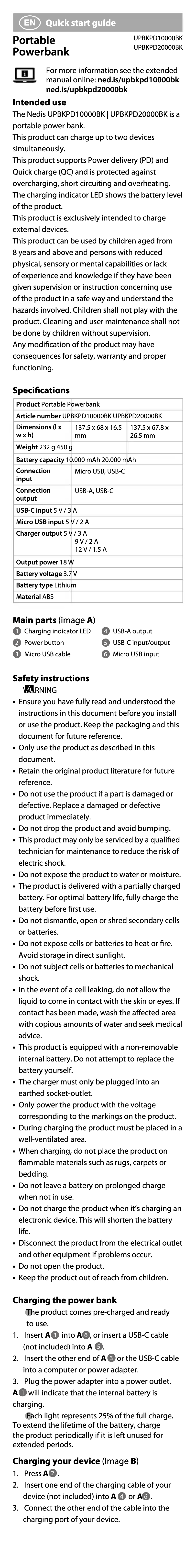 Page 1 de la notice Manuel utilisateur Nedis UPBKPD20000BK