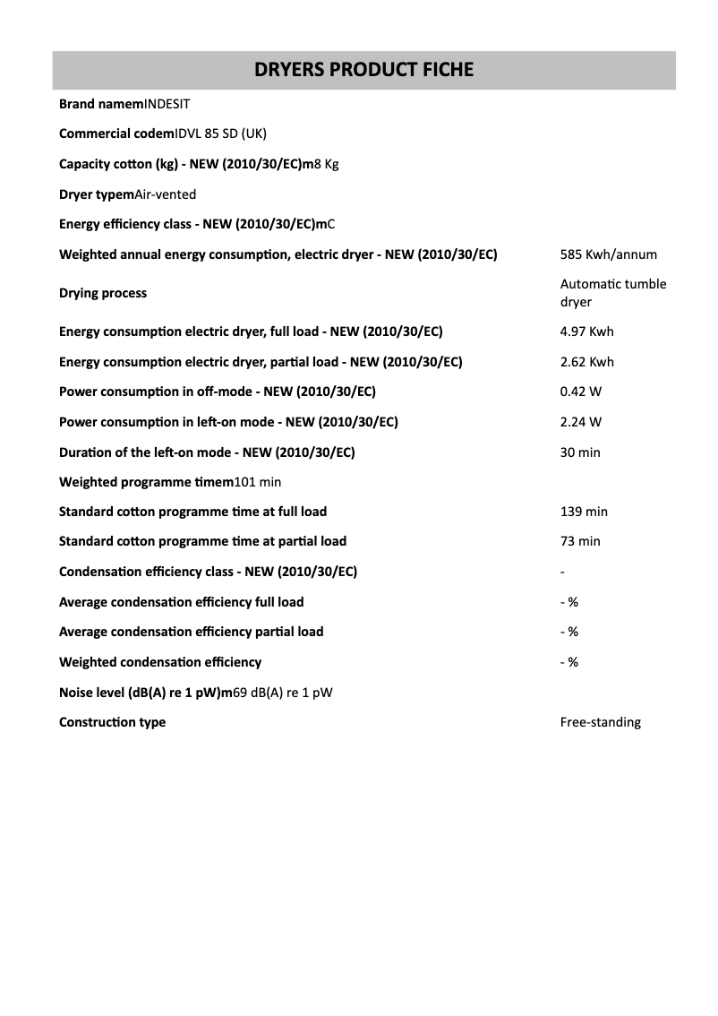 Page n°1 - Fiche technique Indesit IDVL 85 SD (UK)
