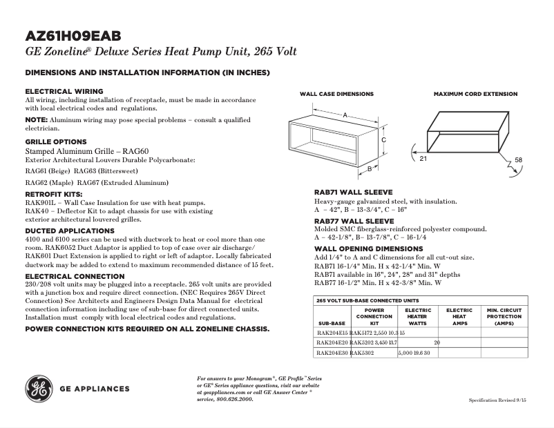 Page 1 de la notice Fiche technique GE AZ61H09EAB Zoneline