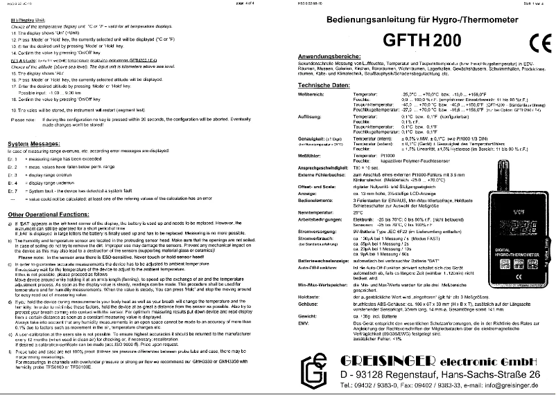 Page n°1 - Manuel utilisateur Greisinger GFTH 200
