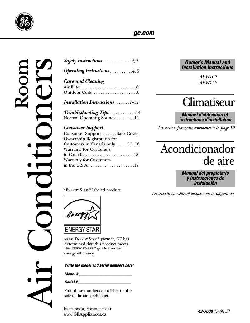 Page n°1 - Manuel d'utilisation et d'entretien GE AEW10AM