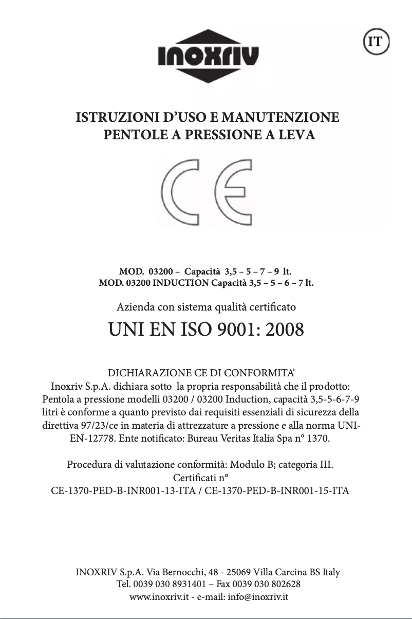 Page 1 de la notice Manuel utilisateur Inoxriv S.p.A. Sicura