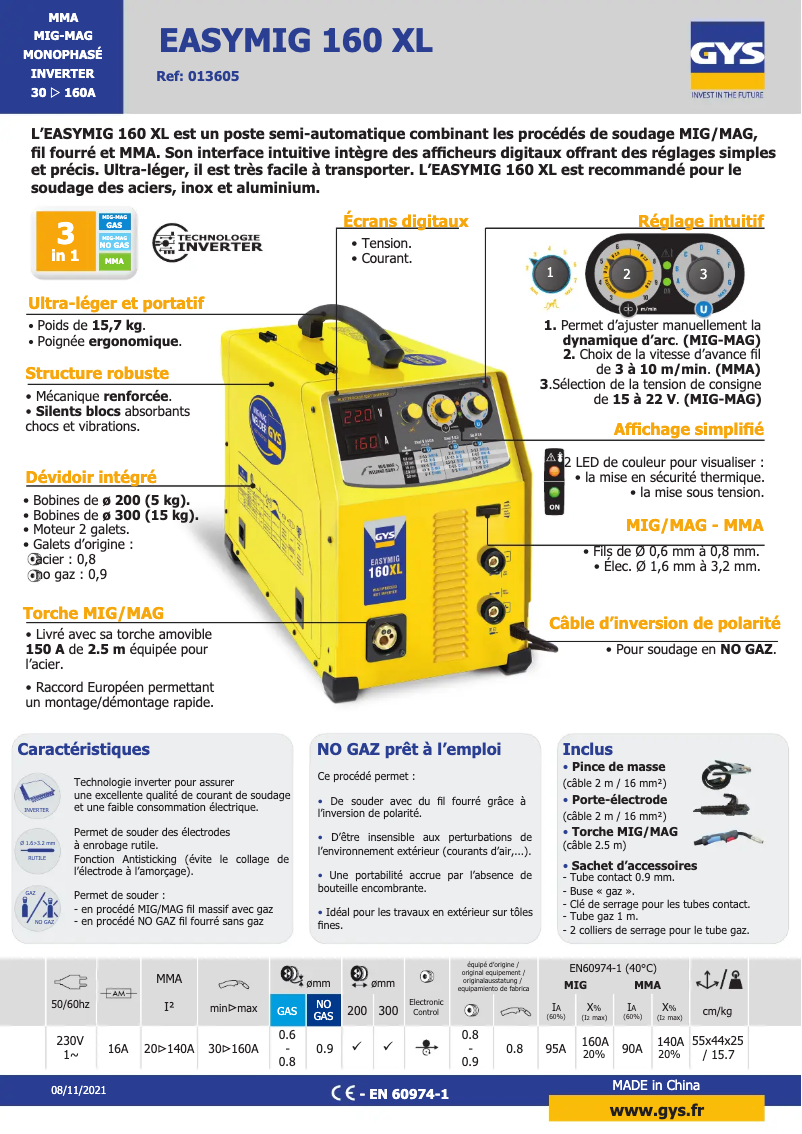 Page n°1 - Fiche technique GYS Easymig 160 XL