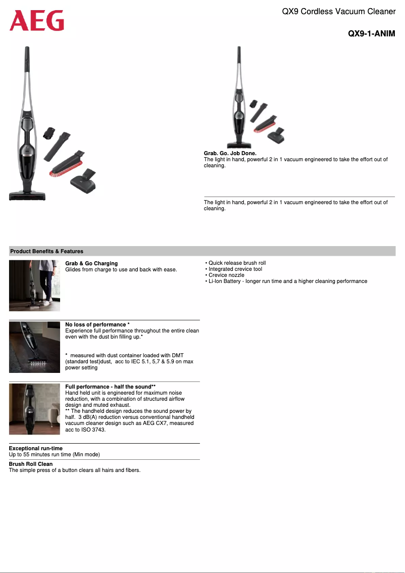 Page 1 de la notice Fiche technique AEG Flexibility QX9-1-ANIM