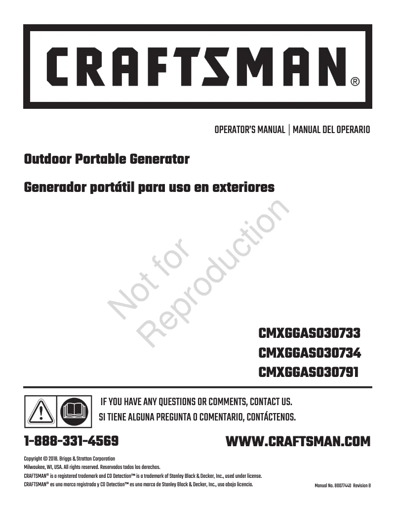Page n°1 - Manuel utilisateur Craftsman CMXGGAS030791