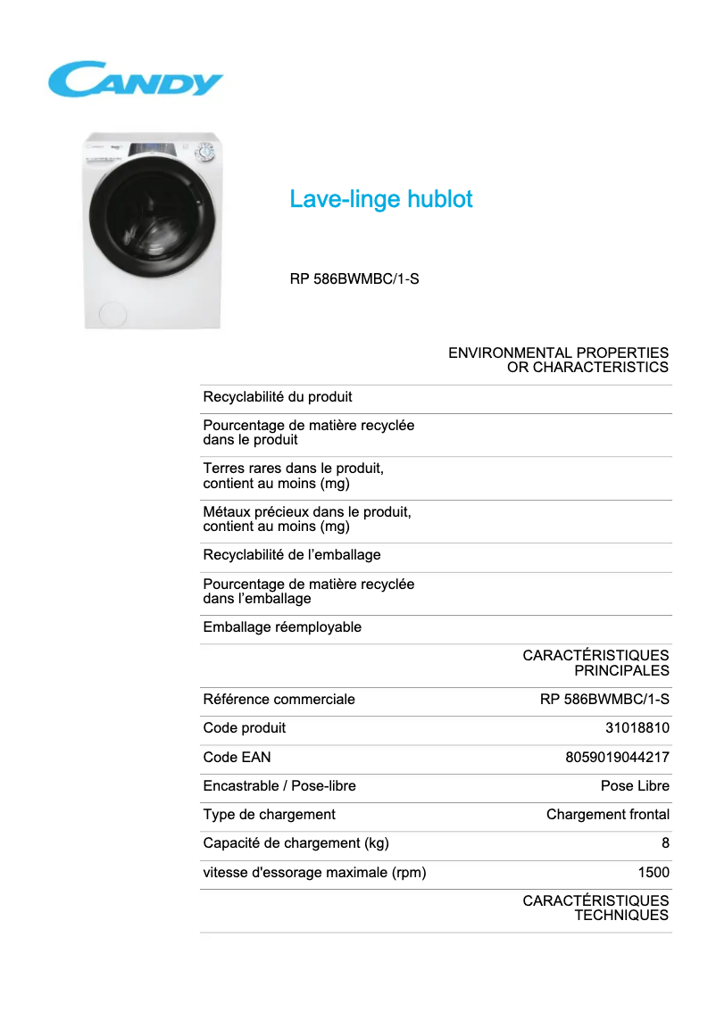 Page 1 de la notice Fiche technique Candy RP 586BWMBC/1-S