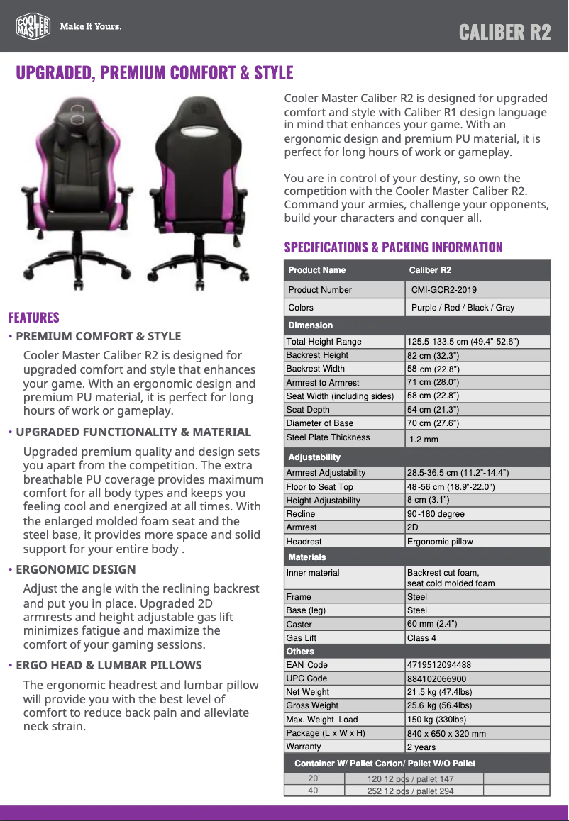 Page 1 de la notice Fiche technique Cooler Master Caliber R2