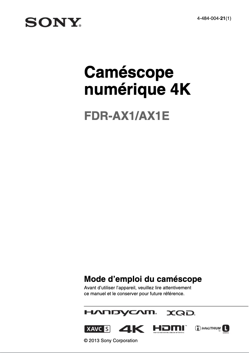 Page 1 de la notice Manuel utilisateur Sony FDR-AX1E