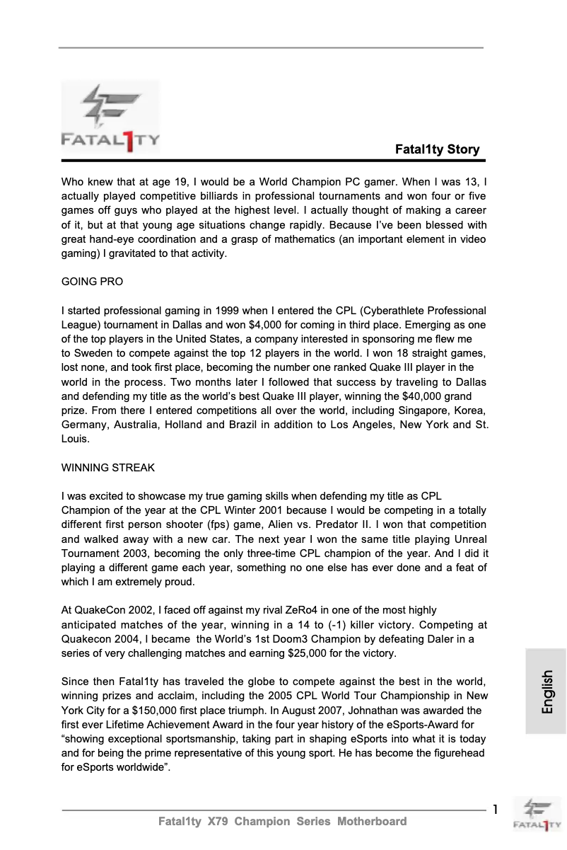 Page 1 de la notice Manuel utilisateur Asrock Fatal1ty X79 Champion