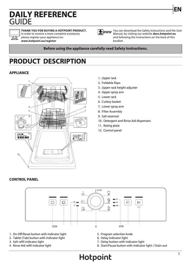 Page 1 de la notice Manuel utilisateur Hotpoint HSFE 1B19 B UK N
