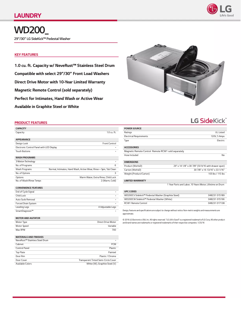 Página 1 del manual Ficha técnica LG WD200CW