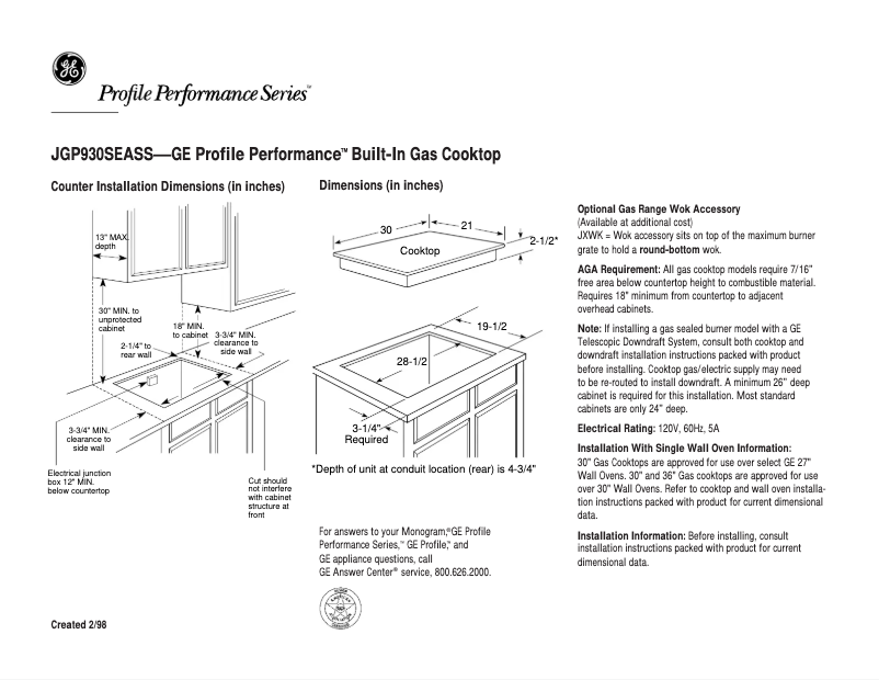 Page n°1 - Fiche technique GE Profile Performance JGP930SEASS