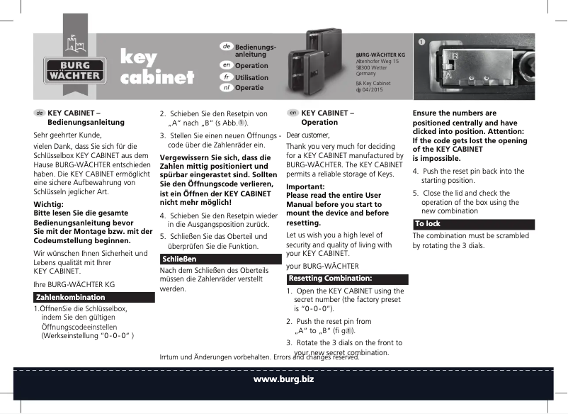 Page 1 de la notice Manuel utilisateur Burg Wächter KC 36 C