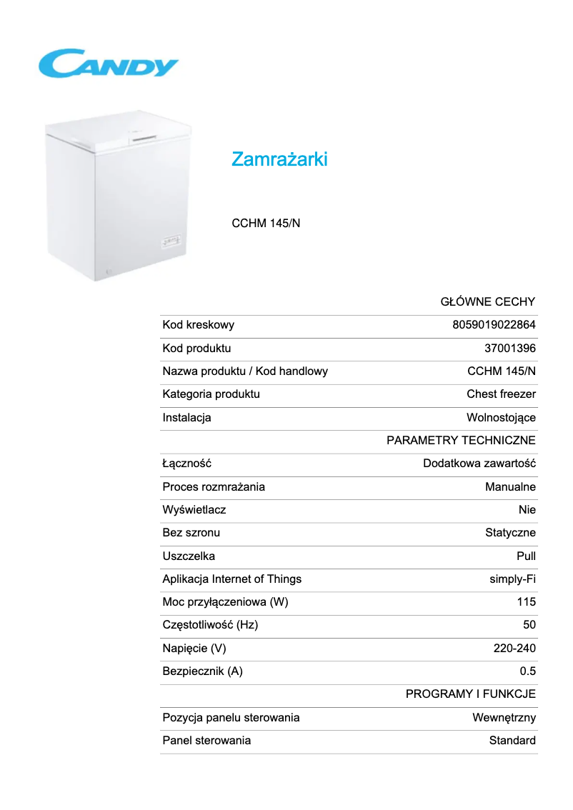 Page 1 de la notice Fiche technique Candy CCHM 145/N
