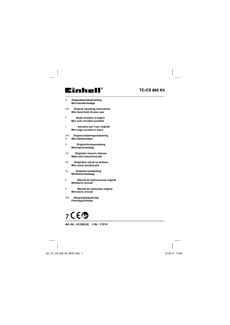 Page 1 de la notice Manuel utilisateur Einhell TC-CS 860 KIT