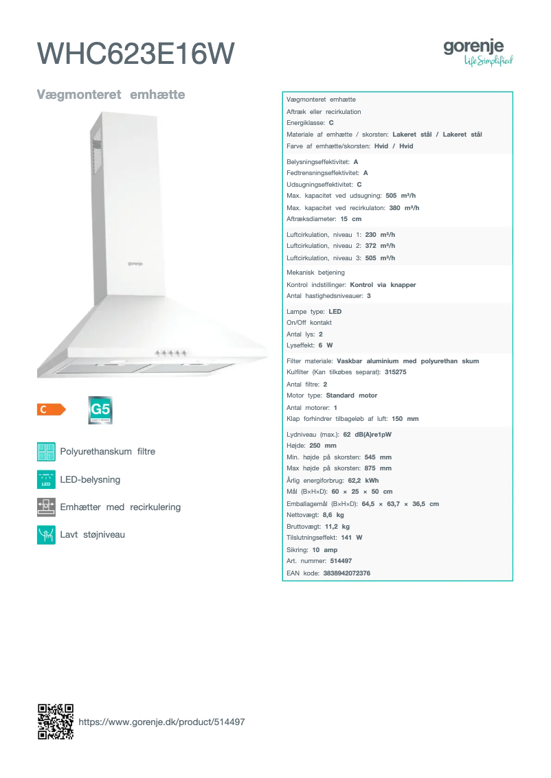 Page 1 de la notice Fiche technique Gorenje WHC623E16W