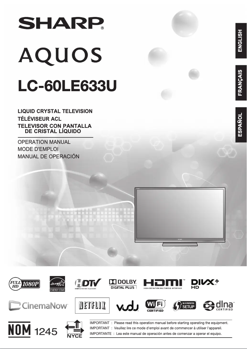 Image de la première page du manuel de l'appareil Aquos LC-60LE633U