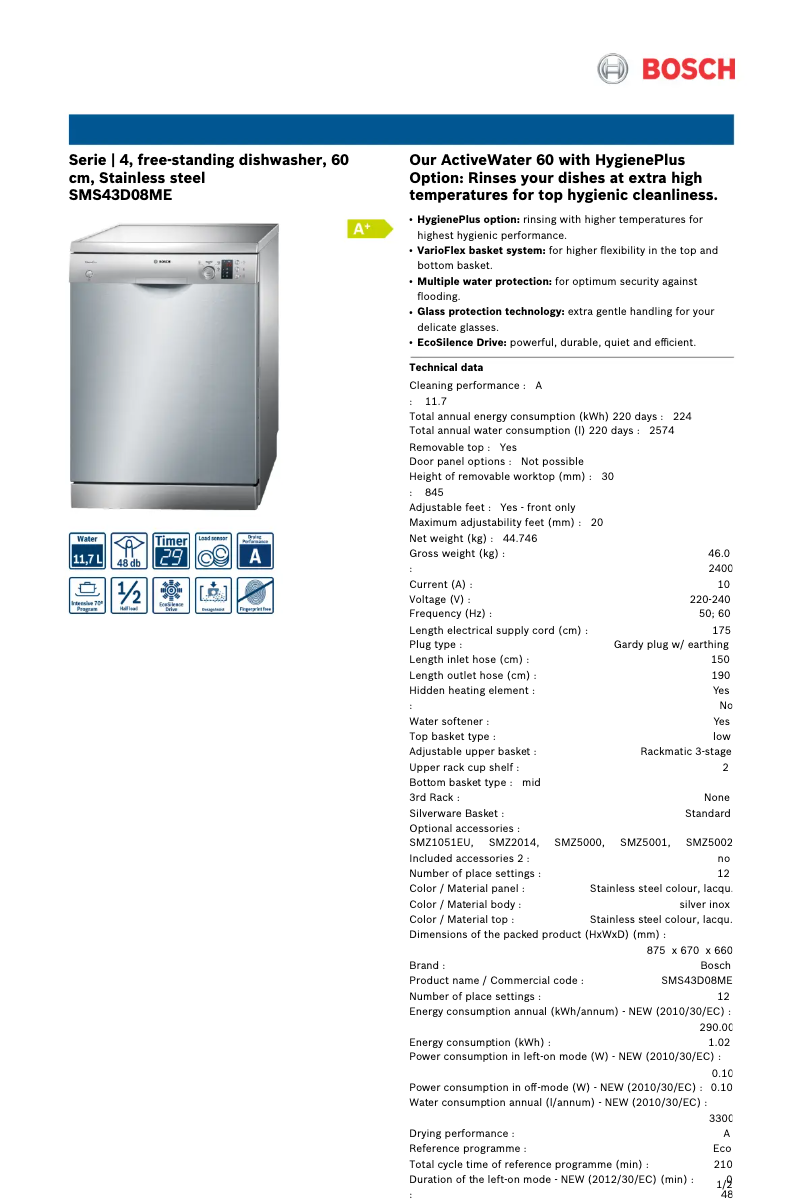 Page n°1 - Manuel utilisateur Bosch SMS43D08ME