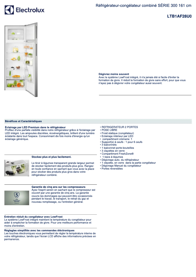Page 1 de la notice Fiche technique Electrolux LTB1AF28U0