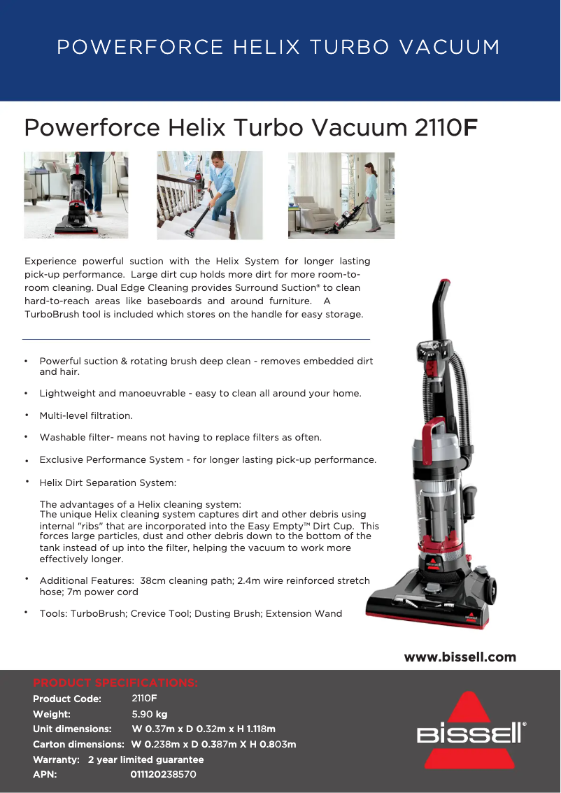 Page 1 de la notice Fiche technique Bissell Powerforce Helix 2110F