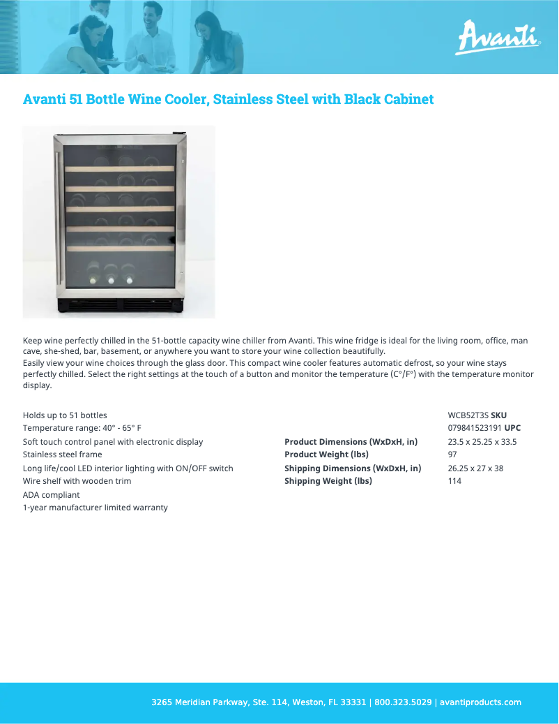 Page 1 de la notice Fiche technique Avanti WCB52T3S