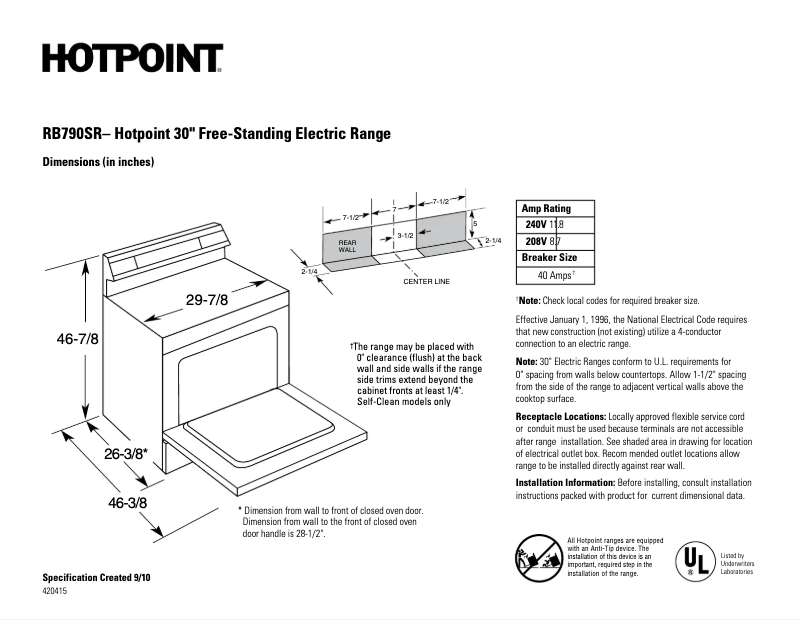 Page 1 de la notice Fiche technique Hotpoint RB790SRSA